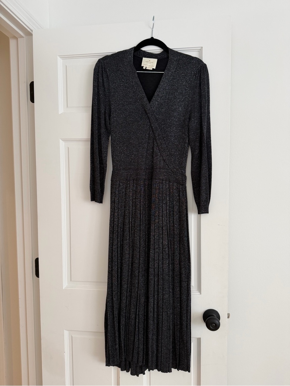 Kate Spade Metallic Black Pleated Wrap-Style Long Sleeve Dress